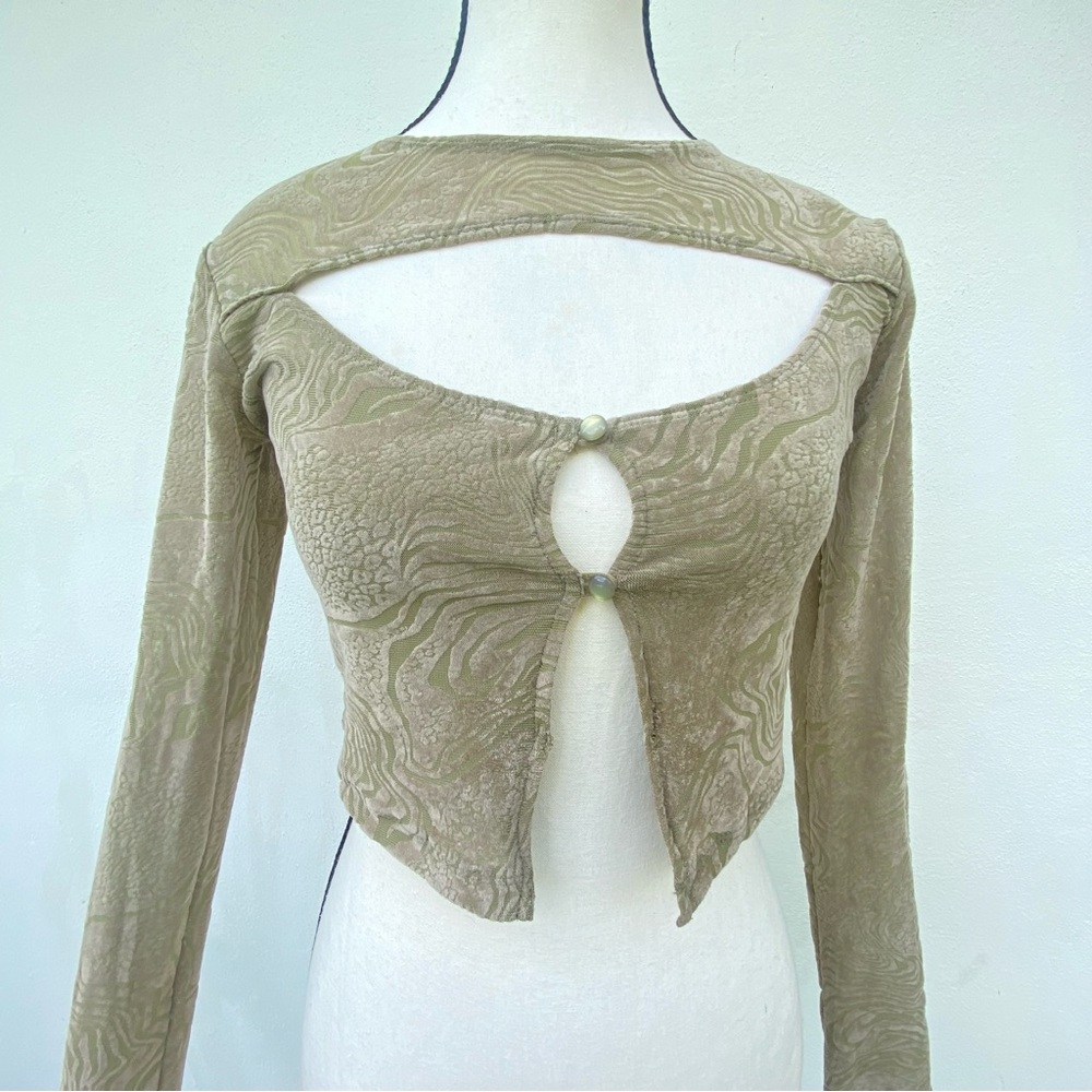 Y2K Olive Green & Tan Velvet Burnout Mesh Fairy Cutout Crop Top Size Small